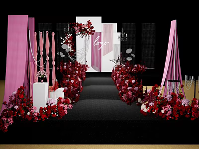 Elegant Banquet Hall Walkway Decor with Red Pink Flowers and Love Signage 3d model