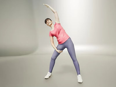 Woman Performing Stretching Exercise In Pink Top Purple Leggings With White Sneakers Against Gray Background 3d model