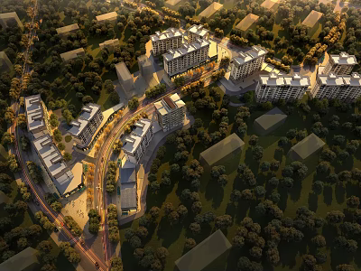 Bird's Eye View Planning Layout of Modern Residential Area with Lush Greenery and Winding Roads 3d model