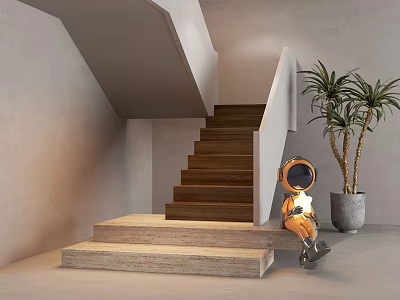 Modern Wooden Stairs In Minimalist Interior With Astronaut Figure And Palm Tree 3d model