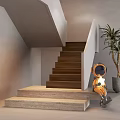 Modern Wooden Stairs In Minimalist Interior With Astronaut Figure And Palm Tree