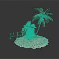 Tropical Island Scene With Sandy Beach Palm Tree Wooden Fence And Bottle