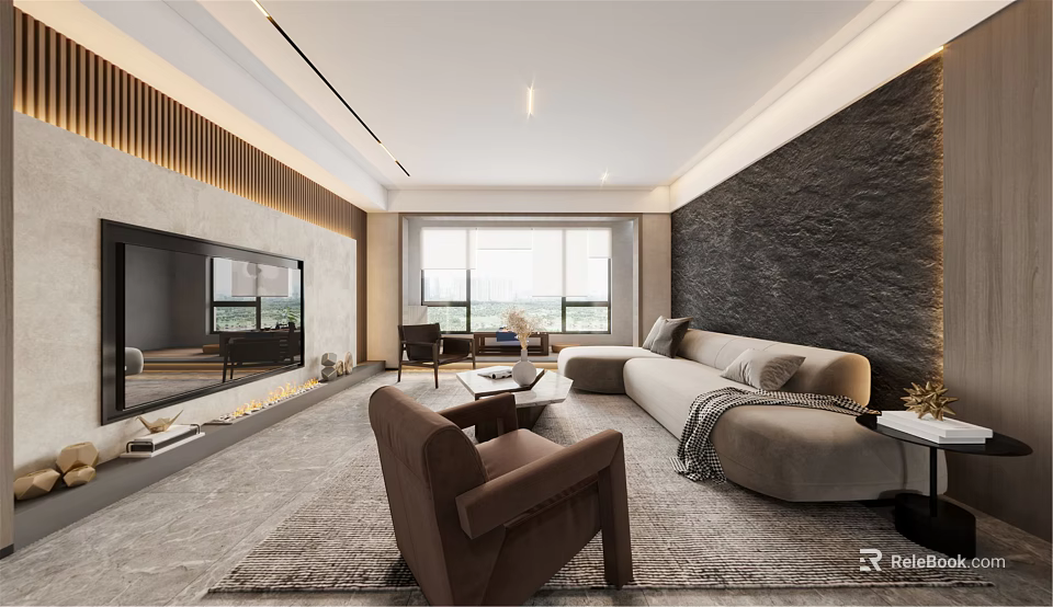 Elegant Modern Living Dining Room Interior With Sofa Coffee Table And Floor To Ceiling Window 3d model 