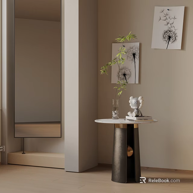 Elegant Modern Marble Top Side Table With Green Plant Small Ornament And Dandelion Wall Art 3d model 
