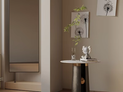 Elegant Modern Marble Top Side Table With Green Plant Small Ornament And Dandelion Wall Art 3d model