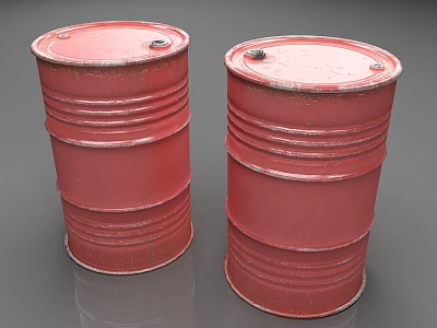 Two Old Red Metal Barrels With Rusty Surface And Cylindrical Shape Gray Background 3d model