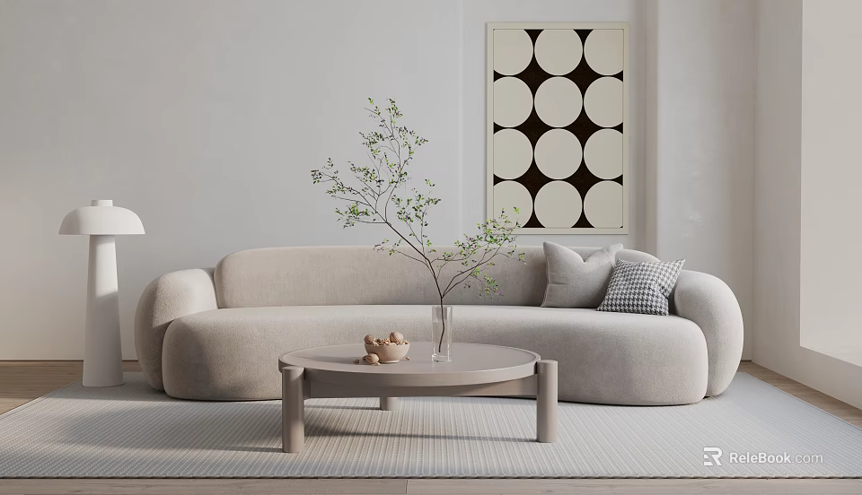 Modern Multi Seater Sofa With Cushions And Round Coffee Table In Minimalist Living Room 3d model 