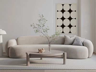 Modern Multi Seater Sofa With Cushions And Round Coffee Table In Minimalist Living Room 3d model