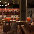 Modern Bar Interior With Chandelier Lighting Wooden Counter Tables Chairs And Green Plant