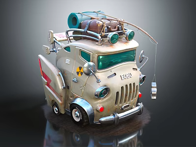 Vintage Modified Car with 1924 Number Green Pipes Brown Box Round Headlights and Hook 3d model