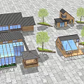 Traditional Detached Villas With Dark Roofs Glass Sections Stone Pavement And Trees