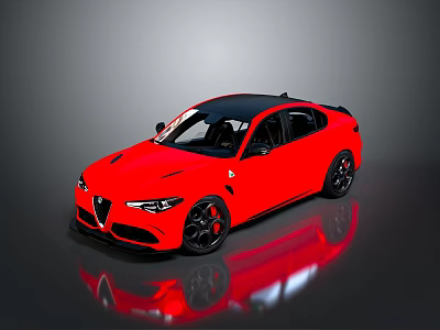 Red Sporty Sedan with Black Roof and Black Wheels on Reflective Surface in Grey Background 3d model