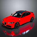 Red Sporty Sedan with Black Roof and Black Wheels on Reflective Surface in Grey Background