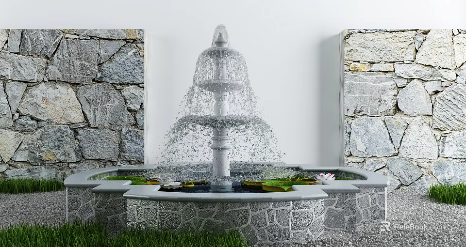 Multi Tiered Stone Fountain As Garden Water Feature With Water Lilies Lotus Leaves And Grass 3d model 