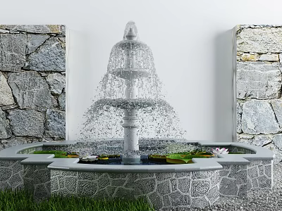 Multi Tiered Stone Fountain As Garden Water Feature With Water Lilies Lotus Leaves And Grass 3d model