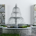 Multi Tiered Stone Fountain As Garden Water Feature With Water Lilies Lotus Leaves And Grass