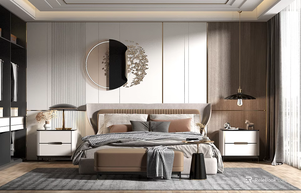 Elegant Modern Bedroom Interior With Round Mirror Bedside Tables Pendant Lamp And Rug 3d model 