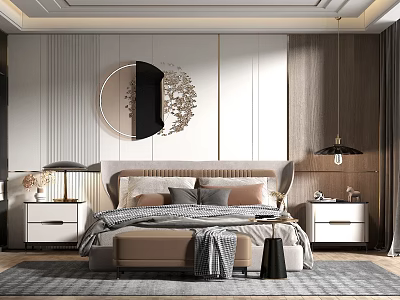 Elegant Modern Bedroom Interior With Round Mirror Bedside Tables Pendant Lamp And Rug 3d model