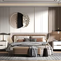 Elegant Modern Bedroom Interior With Round Mirror Bedside Tables Pendant Lamp And Rug