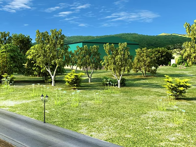 Beautiful Garden Landscape With Green Lawn Trees Mountain View Blue Sky And White Clouds 3d model