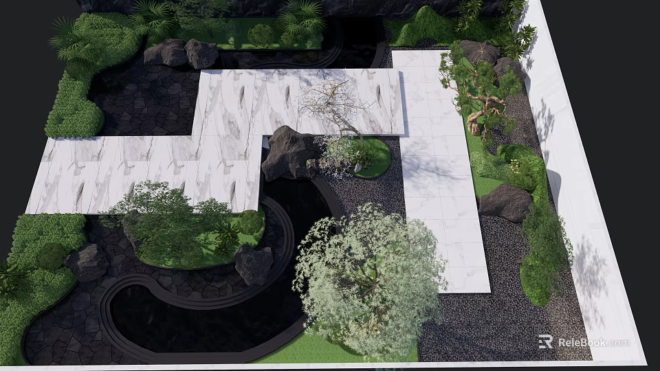 Zen Style Garden Courtyard With Stone Pavement Green Plants Pond And Rocks 3d model 