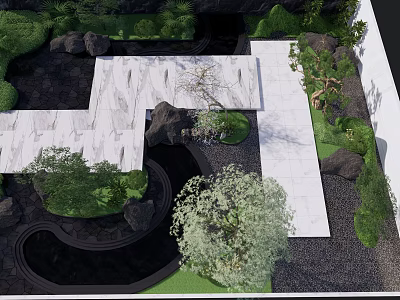 Zen Style Garden Courtyard With Stone Pavement Green Plants Pond And Rocks 3d model