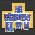 Indoor Space Layout Model With Multiple Sections Blue Flooring Yellow Borders Green Plants And Tables