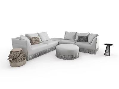 Modern L Shaped Sofa Coffee Table Set With Round Ottoman And Tassel Details 3d model