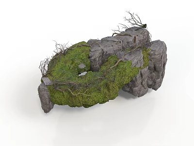 Natural Stone Architectural Structure With Green Moss And Twigs On Irregular Surface 3d model