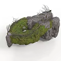 Natural Stone Architectural Structure With Green Moss And Twigs On Irregular Surface