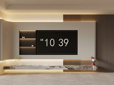Modern TV Background Wall With Wooden Panels Built in Shelves LED Lighting And Marble Base 3d model