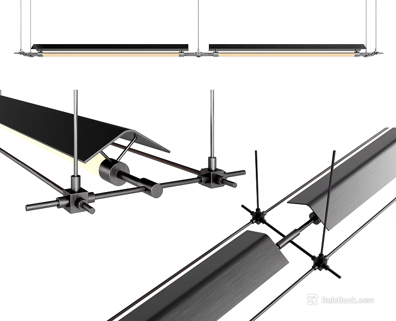 Modern Long Strip Chandelier with Sleek Metal Frame and Structural Details for Interior Design 3d model 