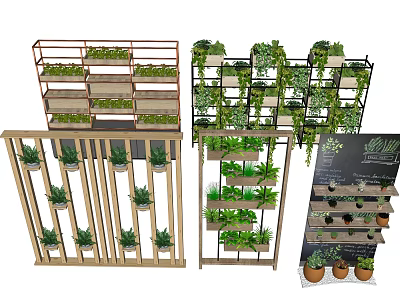 Hanging Basket Plants Decorative Display On Multi Layered Wooden And Metal Shelves 3d model