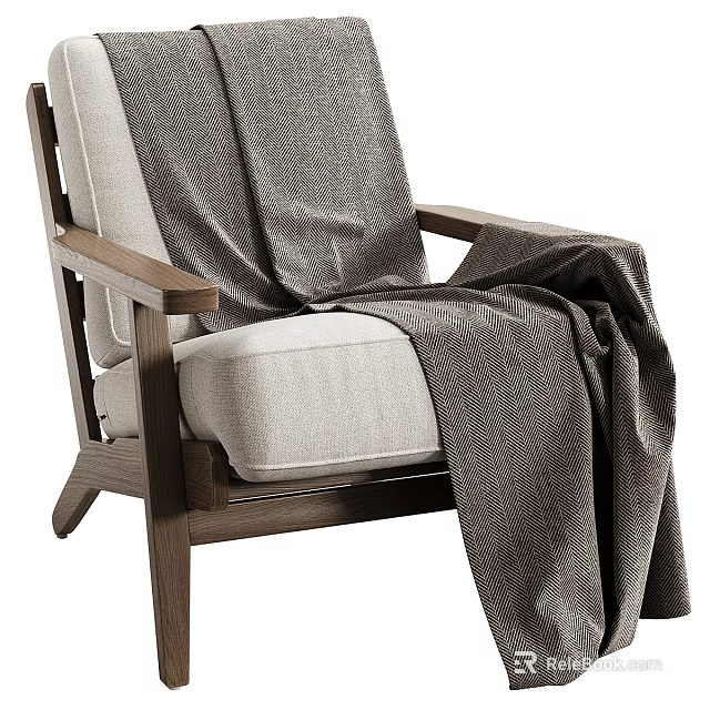 Comfortable Leisure Chair With Walnut Wooden Frame And Light Beige Fabric Cushion Draped Herringbone Blanket 3d model 