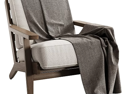Comfortable Leisure Chair With Walnut Wooden Frame And Light Beige Fabric Cushion Draped Herringbone Blanket 3d model