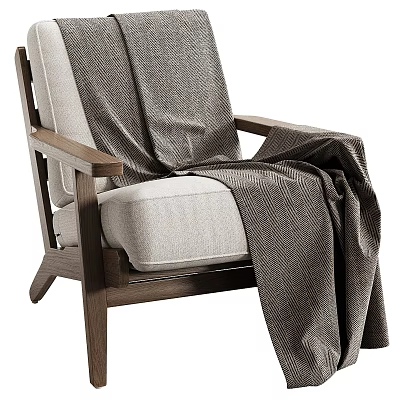 Comfortable Leisure Chair With Walnut Wooden Frame And Light Beige Fabric Cushion Draped Herringbone Blanket 3d model