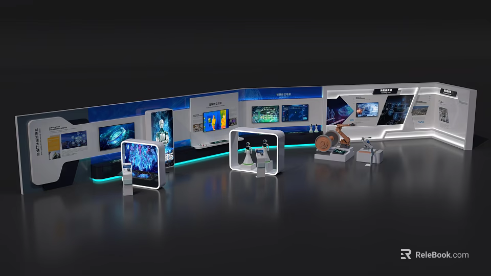 Modern Exhibition Island With Interactive Screens Multiple Devices Blue Lighting And Exhibits 3d model 