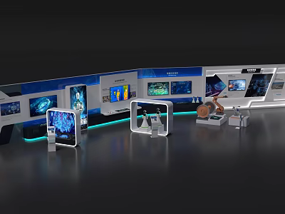 Modern Exhibition Island With Interactive Screens Multiple Devices Blue Lighting And Exhibits 3d model