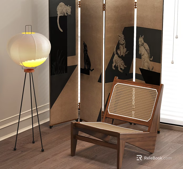 Modern Rattan Woven Accent Chair With Wooden Frame In Interior Design With Floor Lamp And Screen 3d model 