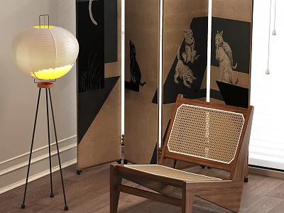 Modern Rattan Woven Accent Chair With Wooden Frame In Interior Design With Floor Lamp And Screen 3d model