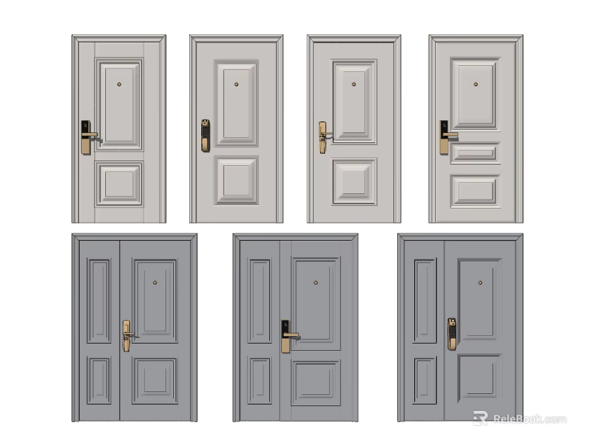 Gray Security Doors with Single and Double Panel Designs and Golden Handles 3d model