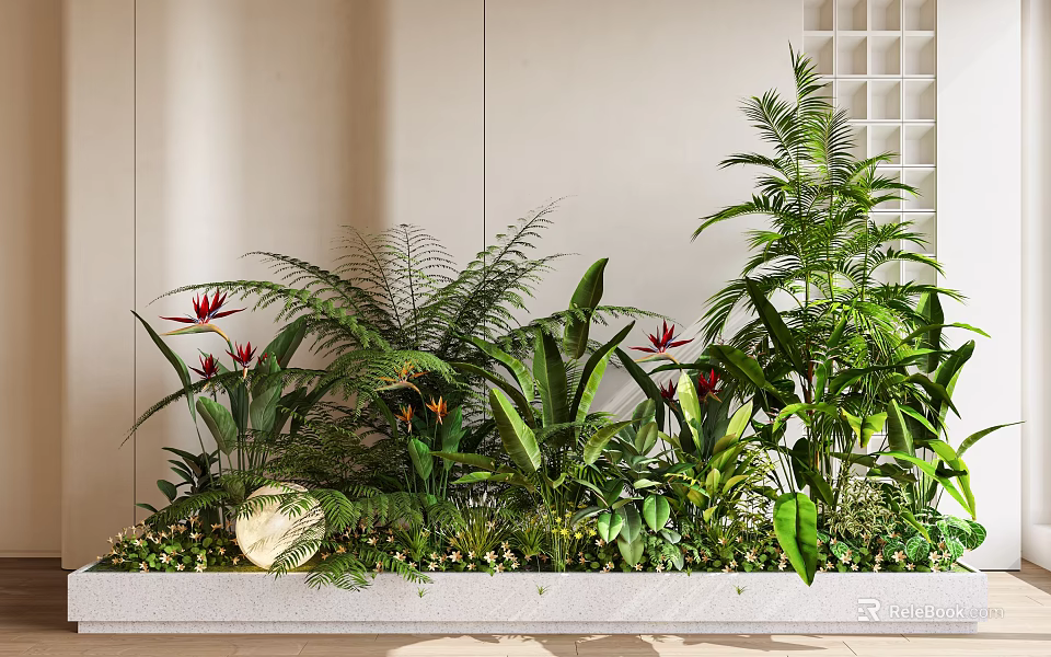 Modern Indoor Plant Combination Featuring Ferns Red Flowering Plants Palms in Rectangular Planter Greenery 3d model
