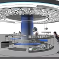 Cultural Center Interior Design With Circular Exhibition Platform Blue Pillar Display Shelves And Exhibits
