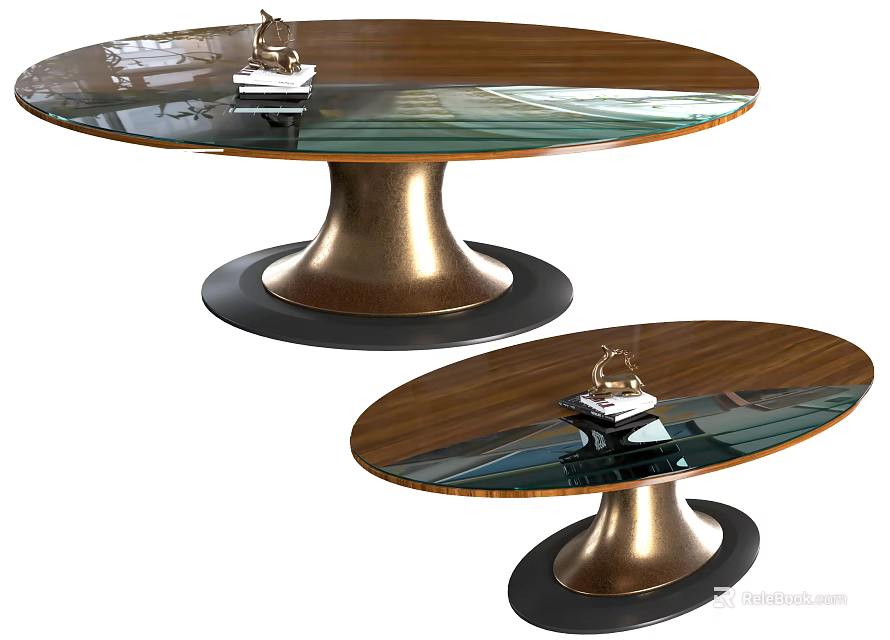 Modern Oval Dining Tables With Glass Top And Golden Metallic Black Base Featuring Decorative Items 3d model 