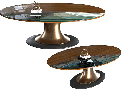 Modern Oval Dining Tables With Glass Top And Golden Metallic Black Base Featuring Decorative Items 3d model