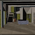 Industrial Warehouse Interior With Roll Up Door Staircase Barrels Shelving And Container
