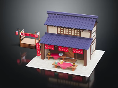 Cartoon Scene of Japanese Style Shop With Purple Roof Wooden Structure Red Signs and Tables 3d model