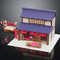 Cartoon Scene of Japanese Style Shop With Purple Roof Wooden Structure Red Signs and Tables