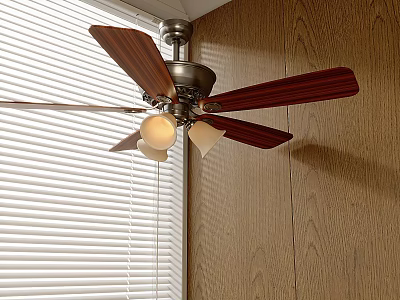 Ceiling Fan With Light Fixture Wooden Blades Metal Base And Window Blinds 3d model
