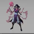 3D Model Sorcerer Character With Black Hair Purple Outfit And Pink Smoke Creature